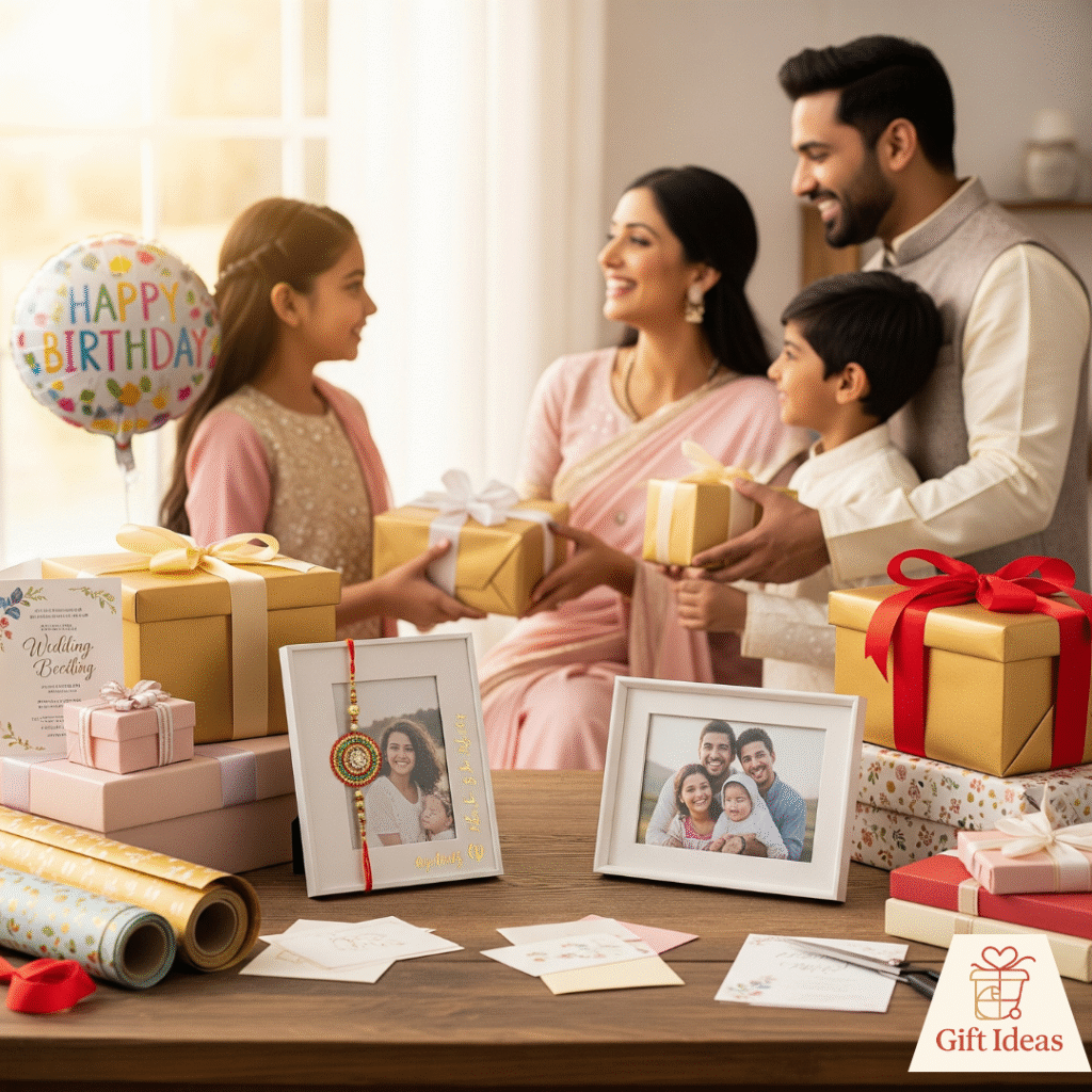 Happy Indian family exchanging presents at home, showing heartfelt gifting moments — Gift Ideas Sada Passion